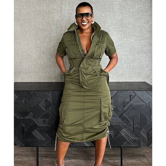 Rust Orange Multi-Pocket Cargo Drawstring Dress – Bold & Functional - Picture 13 of 16